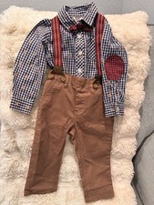 Boys 3 Piece Gingham Shirt, Bow Tie, Brown Pants Outfit Set - Classic Cotton