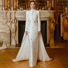 White Stain Prom Party Dress Full Sleeve A-Line Sequin Crystals Evening Gowns