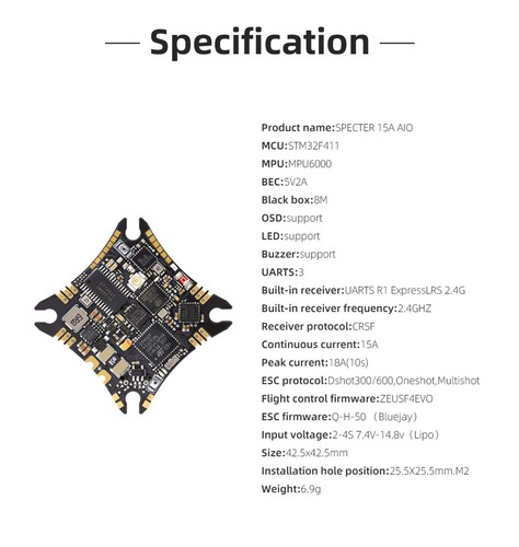 HGLRC SPECTER 15A AIO MPU6000 F411 Flight Controller Bluejay 15A 4in1 ESC UARTS - Picture 14 of 16
