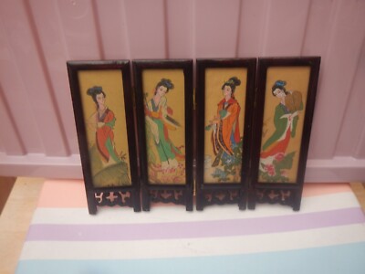 VINTAGE ORIENTALISCHER KLEINER BILDSCHIRM GLAS / KUNSTSTOFF HANDBEMALT DEKOR KLAPPBAR