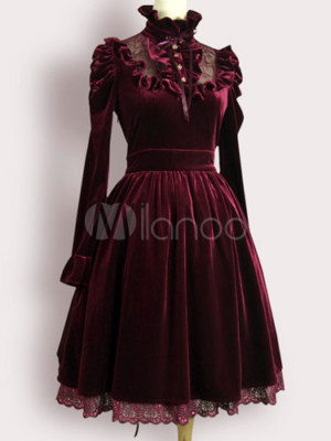 Burgundy Red Velvet Winter Lolita Fashion Style One Piece Long Sleeves Dresses Ebay