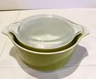 Pair Lot 2 PYREX 474B & 475B VERDE GREEN CASSEROLE BOWLS 1 Lid AVOCADO Estate