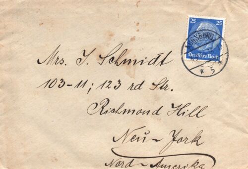 GERMANY PERSONAL MAIL 25pf HINDENBURG ON 1934 COVER FROM AUSBERG TO NEW YORK USA - Picture 1 of 2