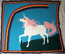 HANDMADE Crochet AFGHAN Knit CHILDREN Kid BED BLANKET Quilt UNICORN with RAINBOW