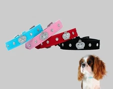 Crown Bling Diamond Rhinestone Dog Cat Suede Collar Size S M 