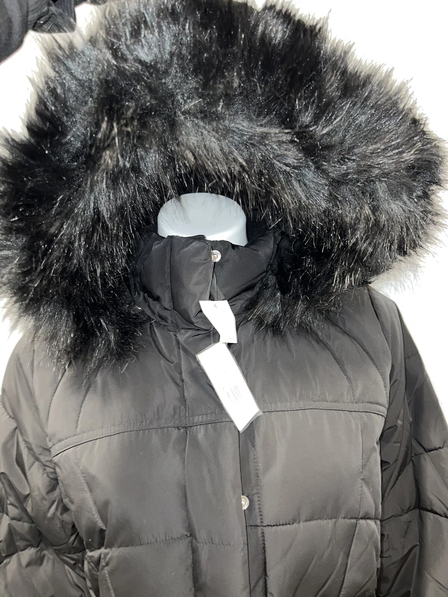 New Calvin Klein Black Faux Fur Trim Hooded Maxi Puffer Coat Jacket Women  XS | eBay