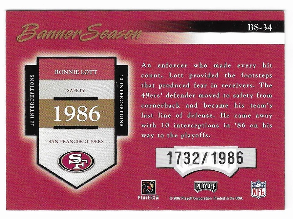 Ronnie Lott 2002 Playoff Prestige Banner Season #BS34 /1986 Numbered Insert 49er - Image 2 of 2