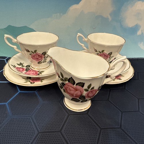 Vintage Staffordshire Fine Bone China Cream Jug and 2 Trios Roses - Picture 1 of 10