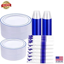 350-Piece Blue Disposable Dinnerware Set - 50 Guests, Elegant Plates & Cups