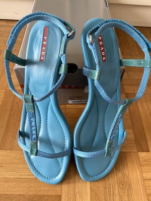 PRADA 100 % Org. Sandalen Sandaletten Damen Gr. 40 in Aqua Blau - kleiner Absatz
