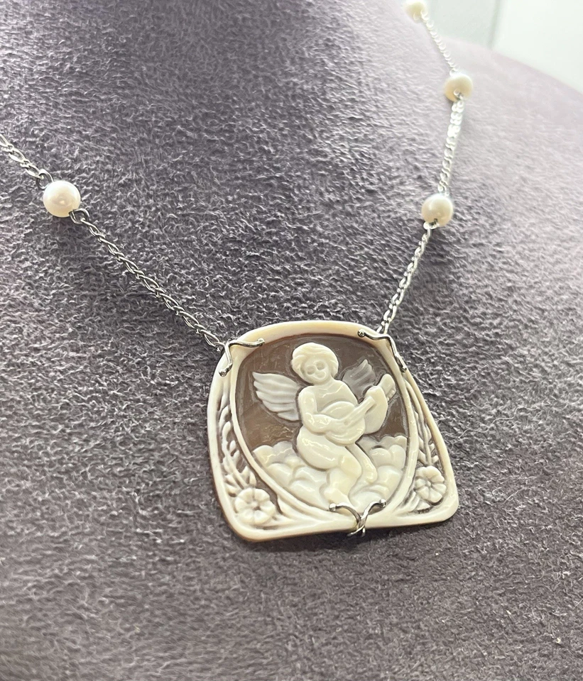 Collana In Argento E Perle Con Cammeo Sardonico - Angelo Con Chitarra - Immagine 3 di 4