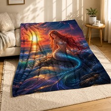 Red Haired Mermaid Sunset Coral Fleece Blanket