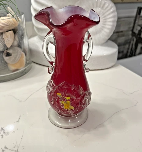 Vintage Murano Style Hand Blown Red Cased Art Glass Scalloped Vase with Handles
