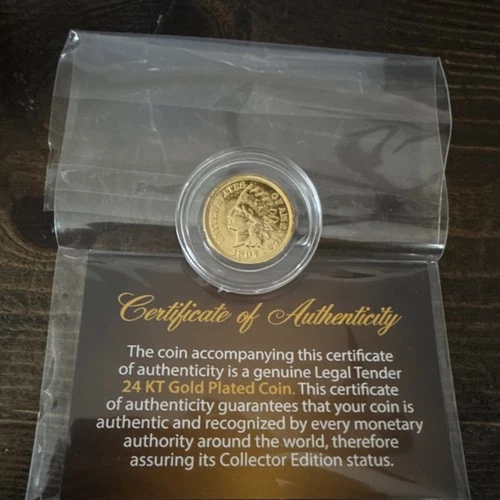 1907 Indian Head Small Cent 24KT Gold Plated 0.999 Fineness Coin Gold Color