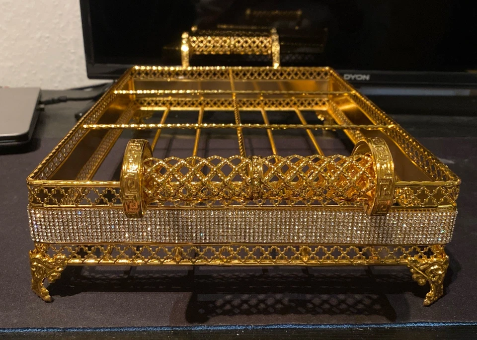 Goldenes Metall Deko Tablett Vintage Servier Asiatisch (12x24x46cm), 8x24x36cm - Bild 4 von 4