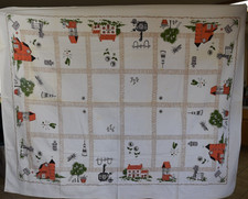 Vintage Early American Homestead Tablecloth Farm Well Country Silo Orchard
