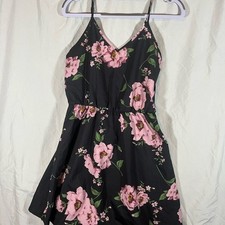 SHEIN Black Pink Floral Spaghetti Strap Mini Dress V-Neck Elastic Waist Small
