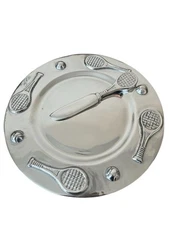 Holland Daniel L Boone Polished Pewter Tennis Racket Cheese Round Plate 9" Knife