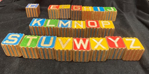 21 Antique Wood Blocks Letters Alphabet Toy Zebra Unicorn Wolf Swan Owl Goat Fox - Picture 2 of 4