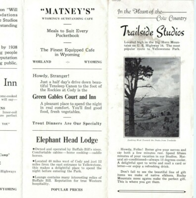 '38 Wyoming Bighorn Mountain Trailside Studio Rest Stop Yellowstone Brochure 1D 