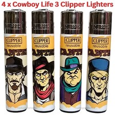 4 x Clipper Lighters COWBOY LIFE 3 Rare Design Full Set Gas Refillable Flint UK