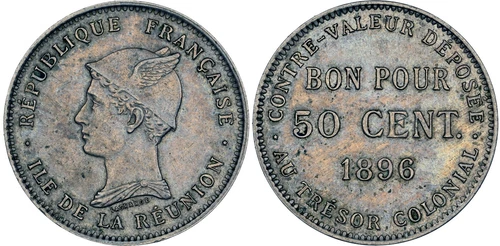 *** NGC *** FRENCH REUNION *** 50 centimes *** 1896 *** AU55 *** CV ~ $200 ***n7