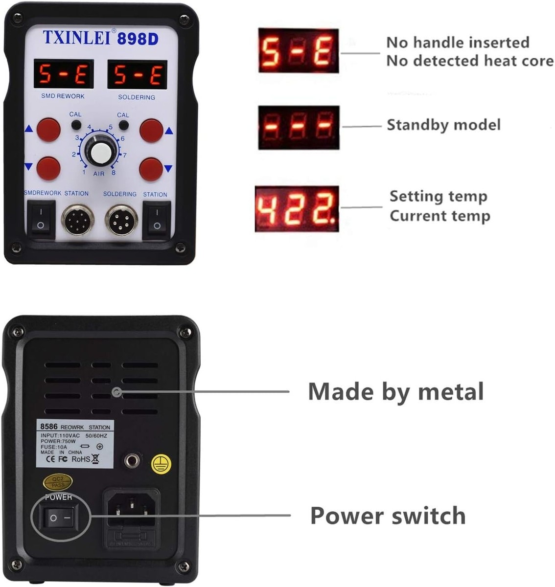 898D 110V Solder Station, 2 in 1 SMD Hot Air Rework Station Solder