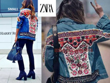 Small NWT Zara Oversized Boho Floral Back Embroidered Denim Jacket