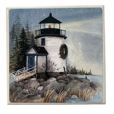 Winter Lighthouse Ceramic Wall Tile Plaque Art Coastal Nautical Home Decor 6x6