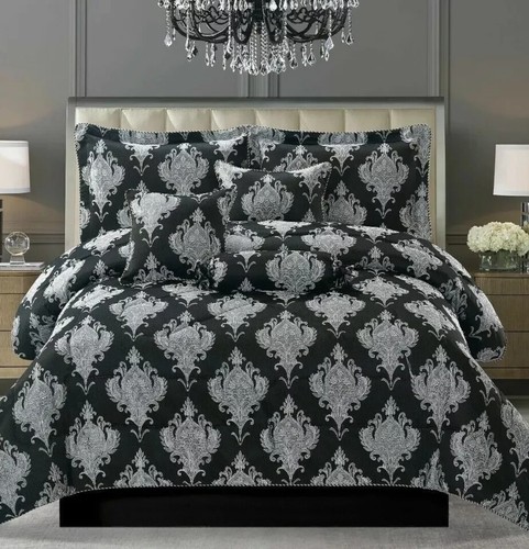 Luxus schwarz modern Tagesdecke Set Damast Jacquard Kissen Ringtop Stifte Vorhänge - Bild 2 von 5
