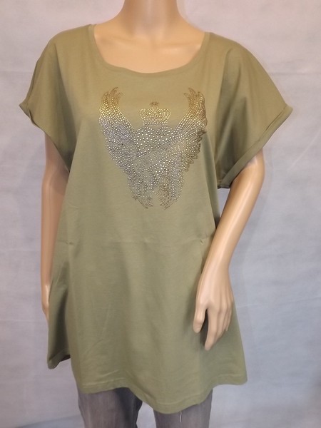 ★ Ulla Popken ★ 42+ 42/44 ~ Shirt T-Shirt Oliv ~ Kurzarm ~ Mit Verzierung ~ Neu-image