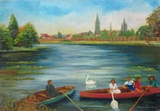 Vintage Belgian Naïve Oil Painting Landscape Ypres Belgium Lake Boat Signed 1943