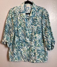 Chico's Linen Blend Jacket Women's XL Size 3 Teal Abstract Artsy Lightweight
