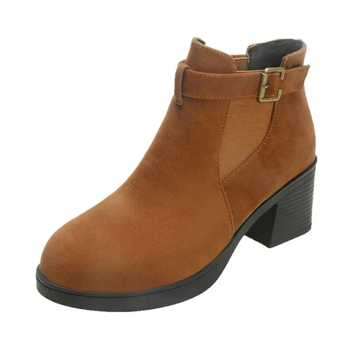 Modische Damen-Stiefeletten rund geschnitten Blockabsatz Schnalle Stern Chelsea-Schuh - Bild 14 von 23
