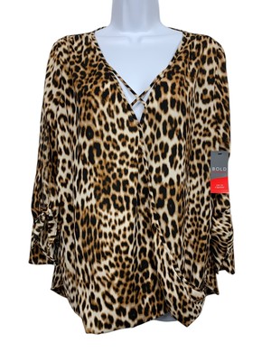 NWT Bold Elements Women's size L Brown Animal Print Faux Wrap Blouse Open Sleeve