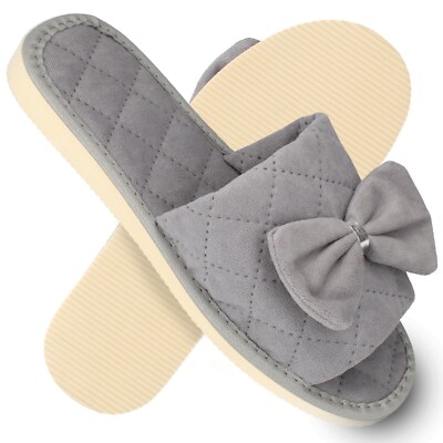 Damen Samt Hausschuh mit Schleife grau Open-Toe Steppmuster Gr. 36-41 Caudry