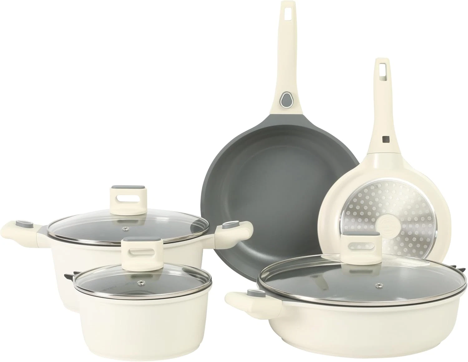 Premium 13-Piece Non-Stick Cookware Set with Detachable Handle - Eggshell White
