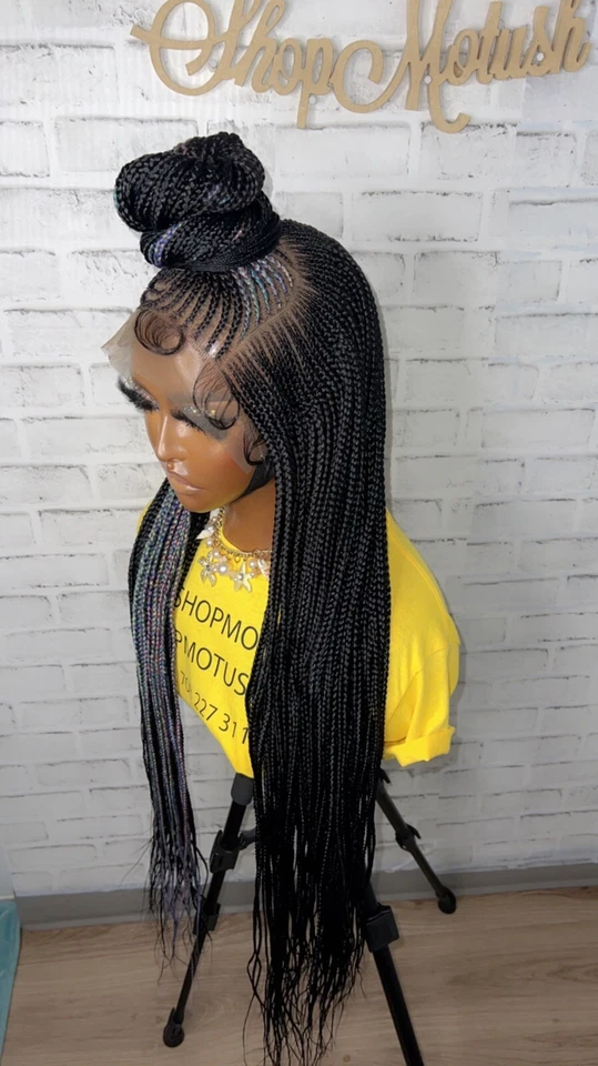 Peluca trenzada Cornrow, trenza tribal, trenzas de caja, peluca trenza frontal, peluca trenza Foto 4 de 4