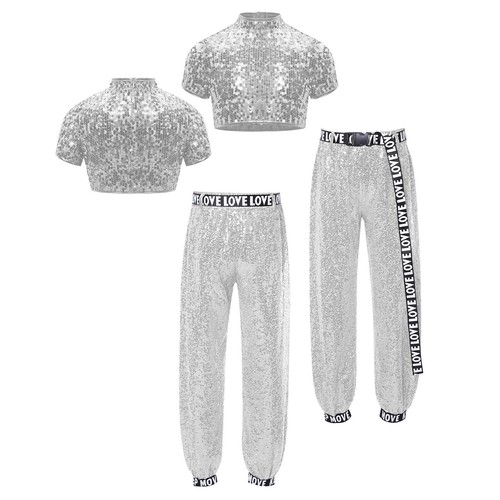 Kids Girls Set Elastic Waist Outfit Jazz Suits Sequins Pants Sparkly Trousers - Picture 5 of 81
