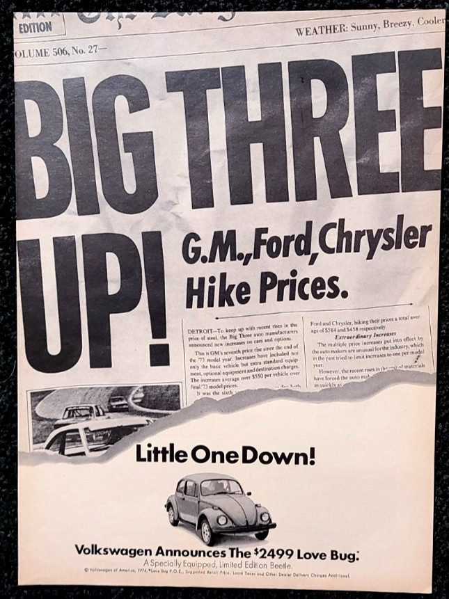 Volkswagen Beetle Original 1974 Vintage Print Ad Wall Art