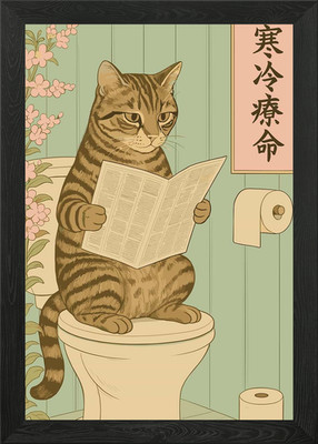 Katze liest Zeitung auf Toilette gerahmtes Wandbild Poster Leinwanddruck Bild