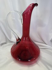 Vtg ruby red glass decanter ,clear applied handle, MCM Italian or American glass
