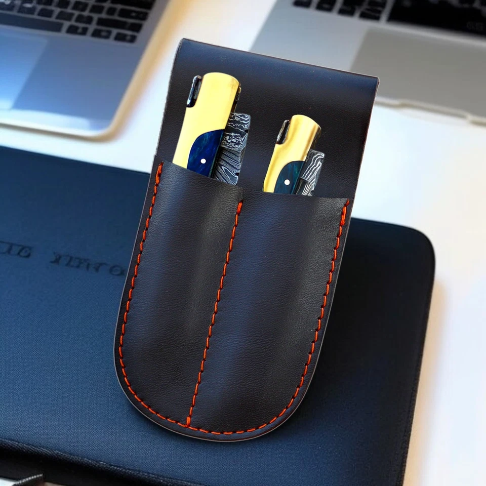 2pc Handmade Laguiole Damascus Folding Pocket Knives Brass Wood Handle & Sheath - Image 2 of 4