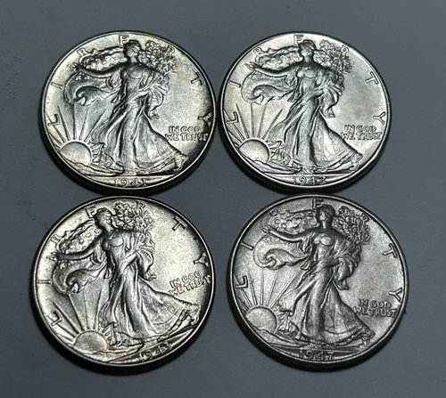 1941, 1942, 1943 AND 1947 D AU+ WALKING LIBERTY HALF DOLLAR LOT