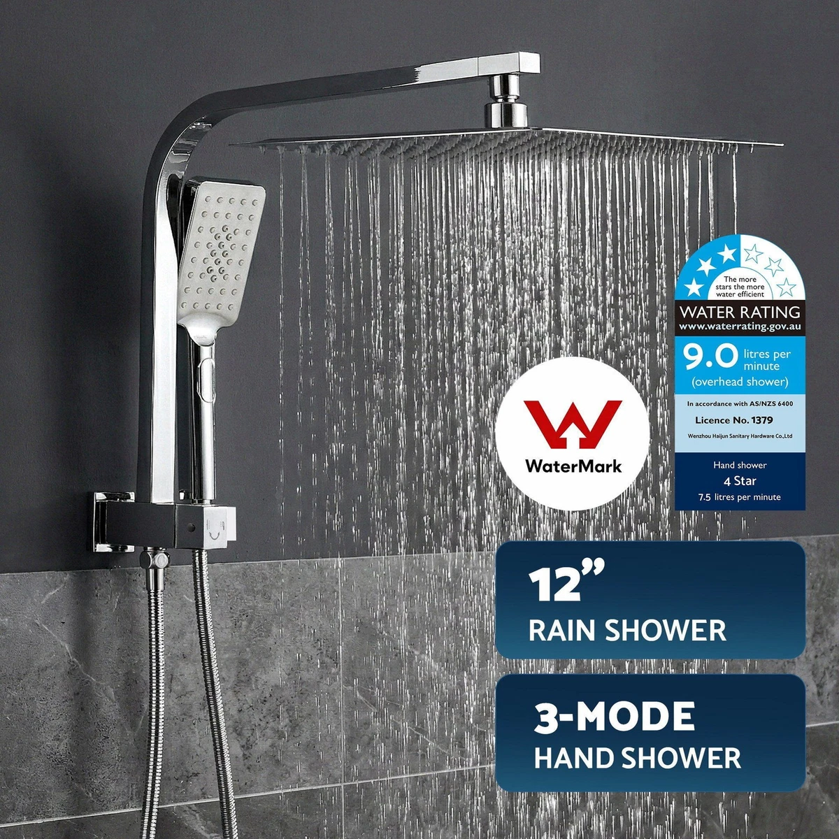 12" Twin Rain Shower Head Set 3-Mode Handheld Rail Brass Chrome WELS Approved