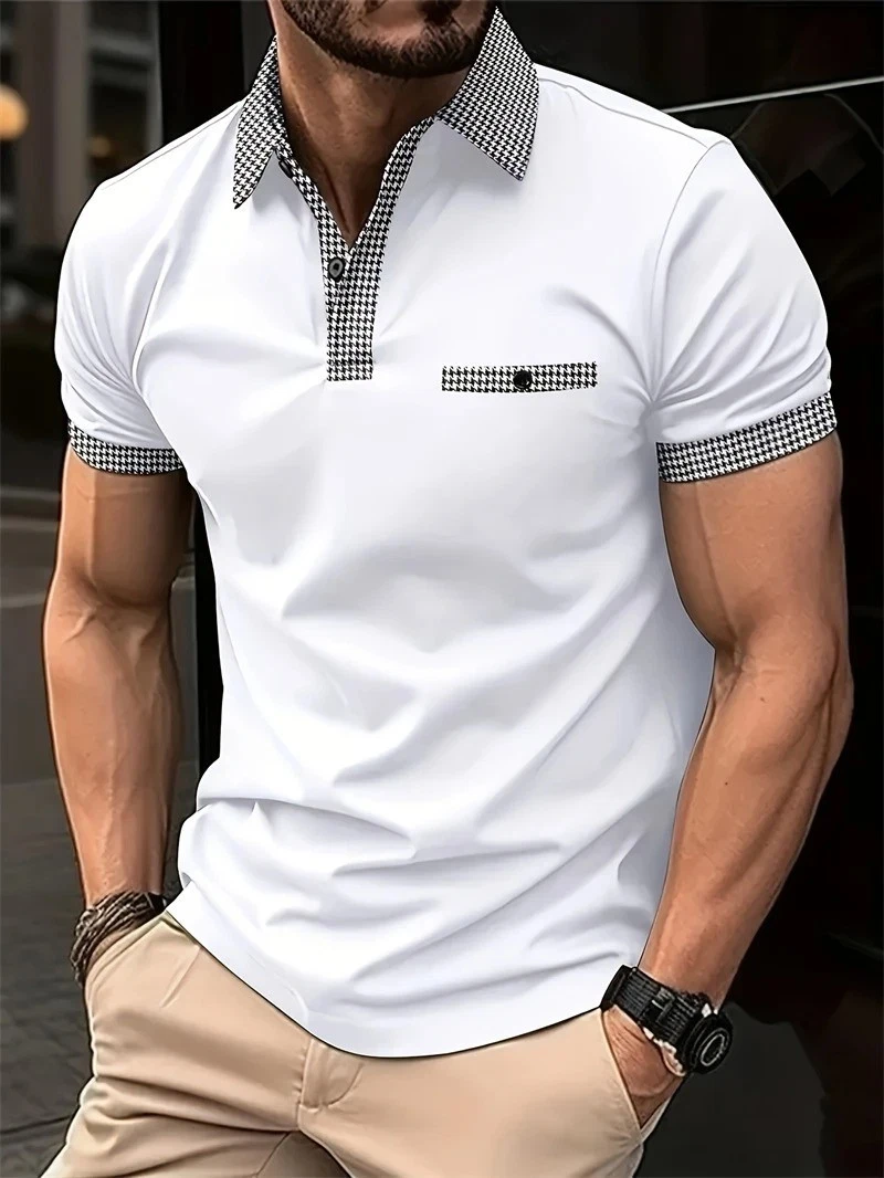 Polo T Shirt Men's Button Up Collar Fashion Golf Short Sleeve Black White Trendy