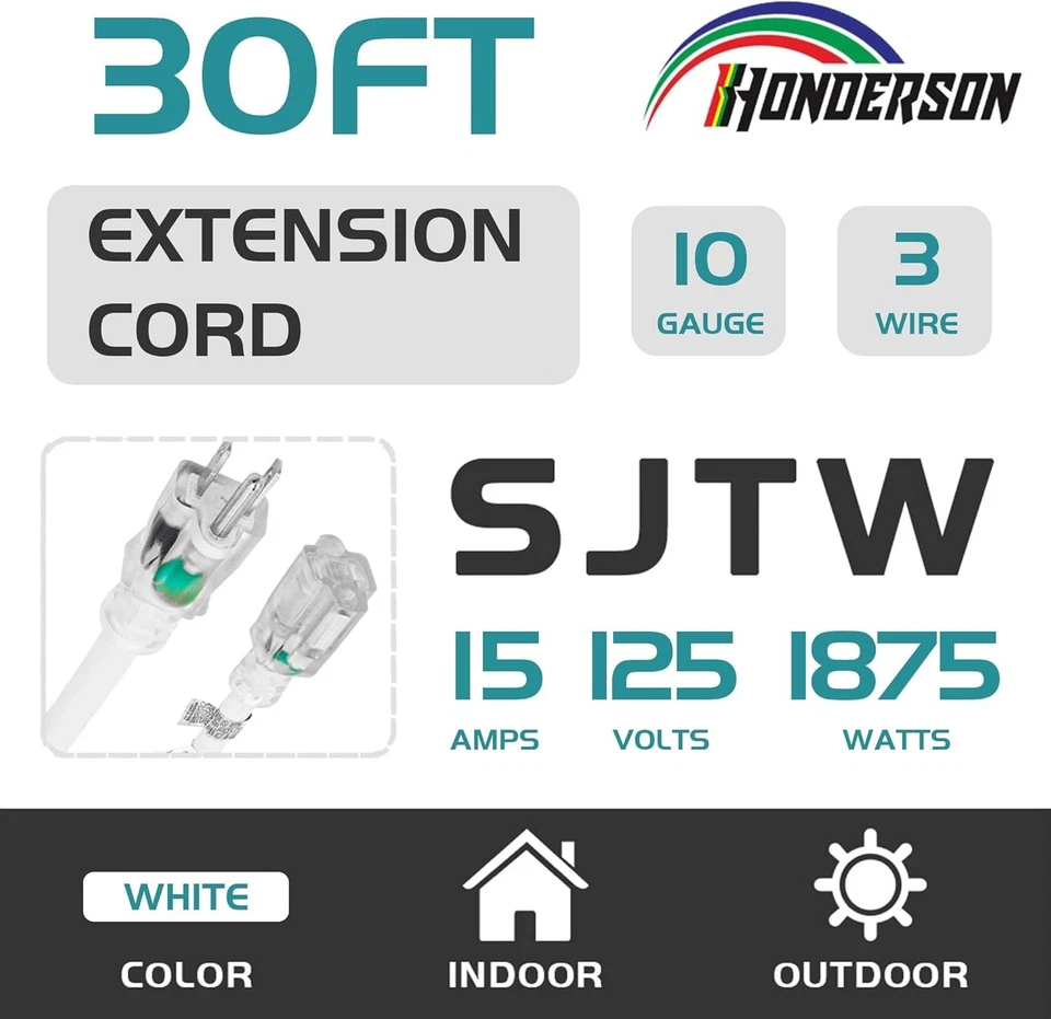 Moisture-Resistant 30FT Extension Cord - 10 Gauge Heavy Duty with Safety Light - Image 4 of 4