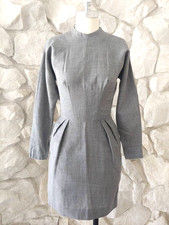1950s 1960s Grey Wool Wiggle Mock Neck Dress XS
