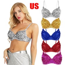 Women Sparkle Sequin Bra Crop Top Push Up Bralette Belly Dance Costume Clubwear