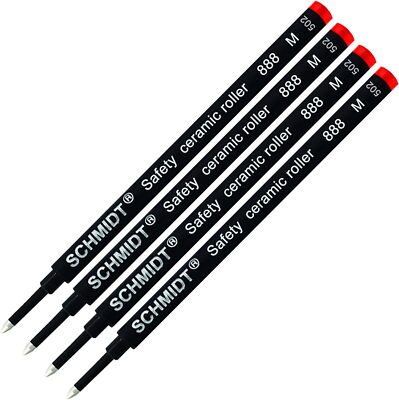 Schmidt 888 Safety Ceramic Rollerball Refill-Red Ink (Medium Tip 0.7mm)- 4 Pack